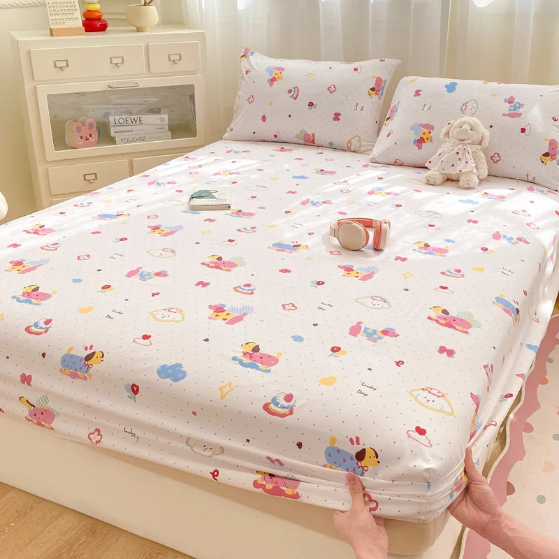 2025 New Bed Hat Print Cartoon Water Clouds Cotton Bedspread Student Mattress Cover Skin Friendly Full Wrap with Elastic Sheet
