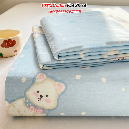 All Season Comfort 100% Cotton Flat Sheet , Soft Breathable Cute Cartoon Print Top Sheet, Wrinkle Resistant Fade Resistant
