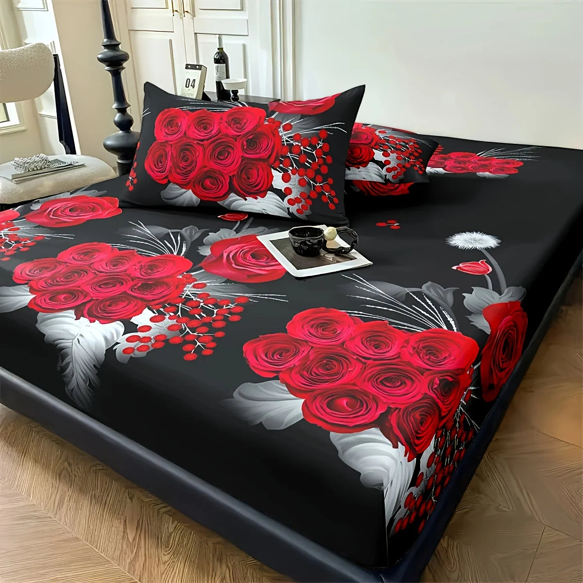 Romantic Red Rose Fitted Sheet Set - Soft Skin-Friendly Bedding Shrink & Fade Resistant for Twin Full Queen King Size Beds