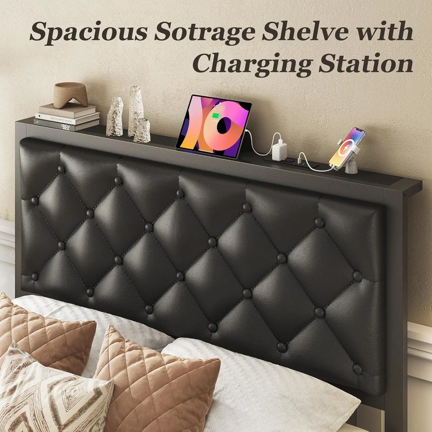Twin Bed Frame with Storage Drawer, Upholstered Headboard Button Tufted Bed Frame with Charging Station, No Box Spring Needed, Noise-Free, All Metal Structure, Black