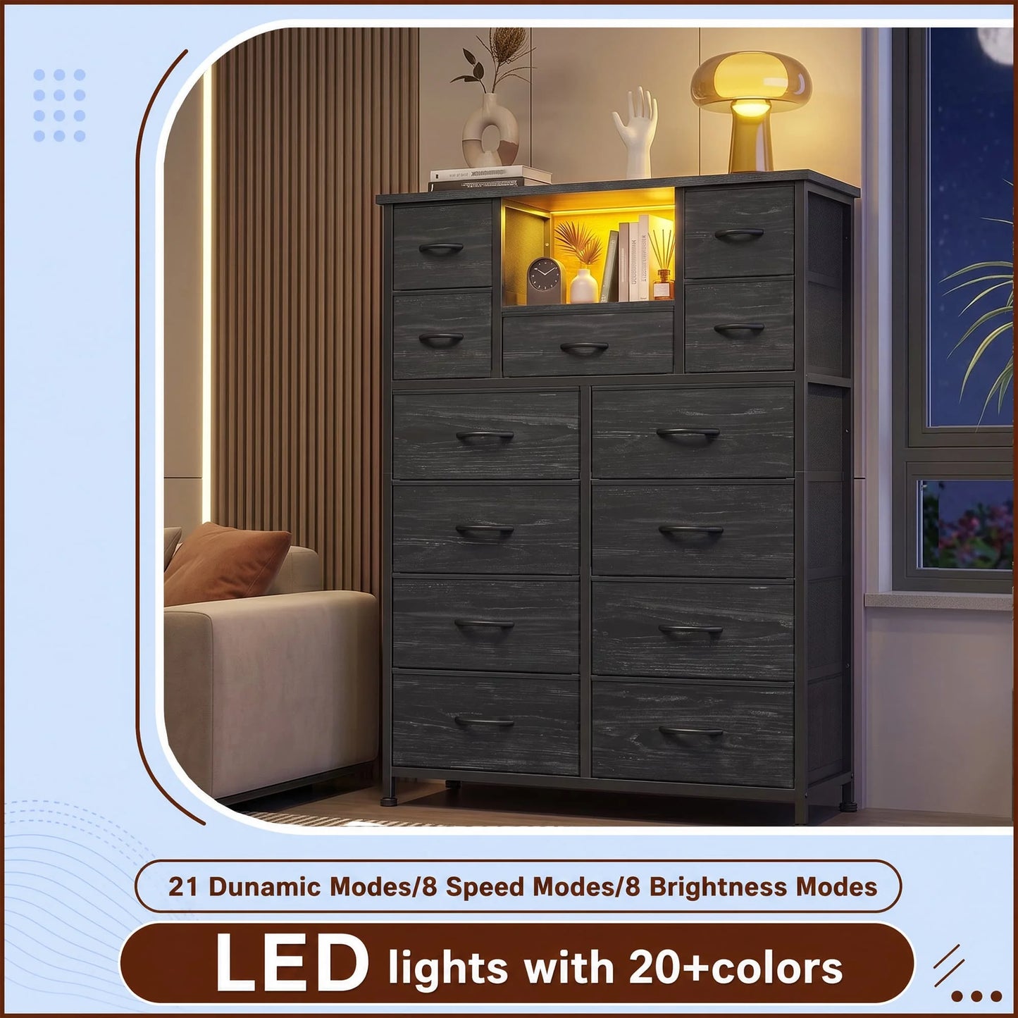 EnHomee 47" Fabric Dresser with LED Accent Lights & Built‑In Charging Hub – 13 Drawers + Open Shelves – Versatile Organizer for Bedroom, Entryway, and Hallway Use