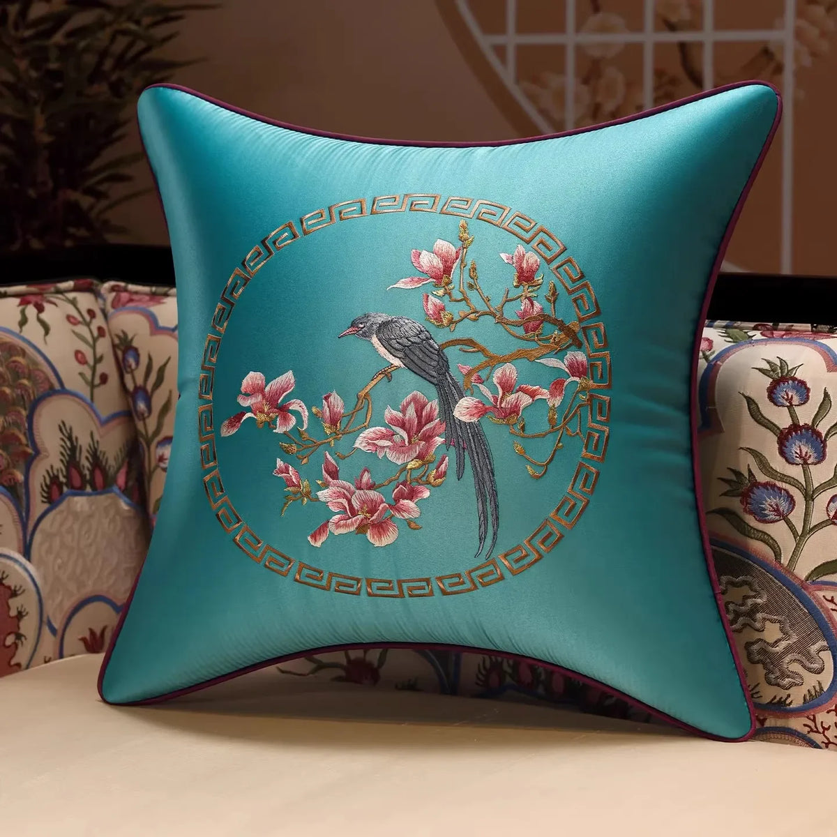 New Chinese Style Embroidered Bird Cushion Cover Living Room Sofa Waist Pillow Luxurious Classical Bed Head Silk Pillowcase