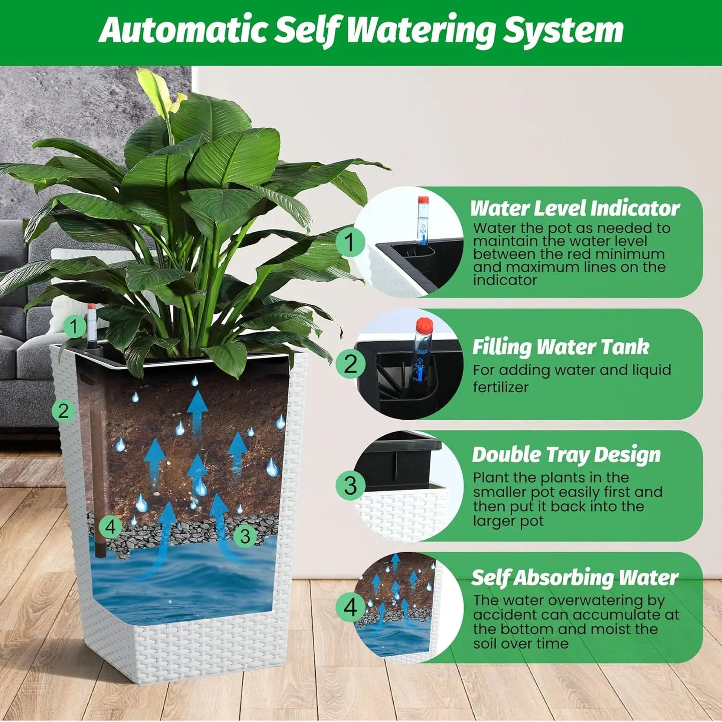 16inch/22.5inch Tall Rattan Planter Set of 2 Outdoor and Indoor Plant Pots with Water Level Monitor & Wheels, Large Flower Pot