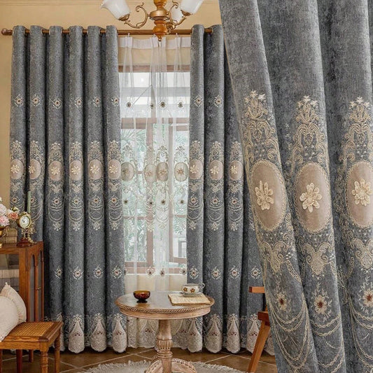 1pc Luxury European Style Chenille Floral Curtains,Light Blocking Embroidered Drapes for Living Room,Bedroom,High-End Home Decor
