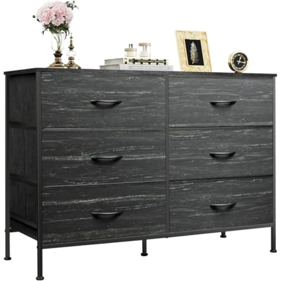 Wide Dresser with 6 Fabric Drawers, TV Stand for 50" TV, Closet Dresser with Metal Frame, Wooden Top, Fabric Dressers for Bedroom