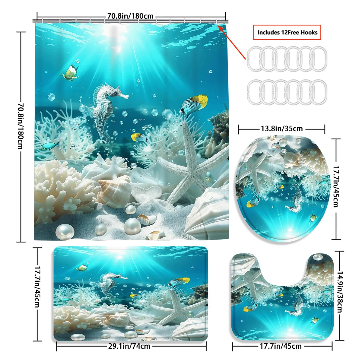 4Pcs Ocean Life Shower Curtain Set with Hooks, Underwater Seahorse Coral Print Waterproof Mildew Resistant Fabric Bath Mat for Family Bathroom Home Decor