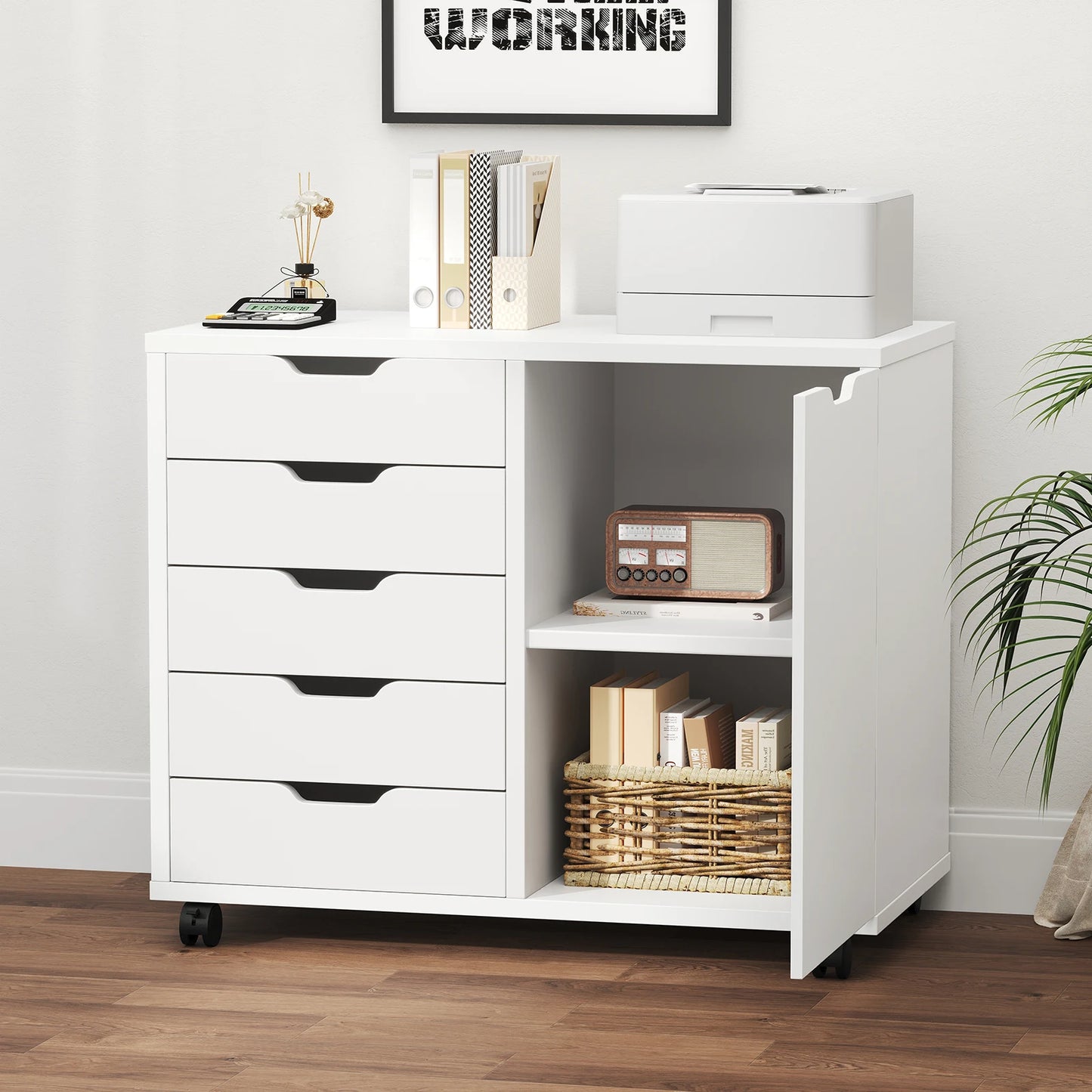 JHK Wood 5 Drawers Cabinets Organizer with Wheels Rolliing File Cabinet with Shelves and Door Printer Stand  for Home Office