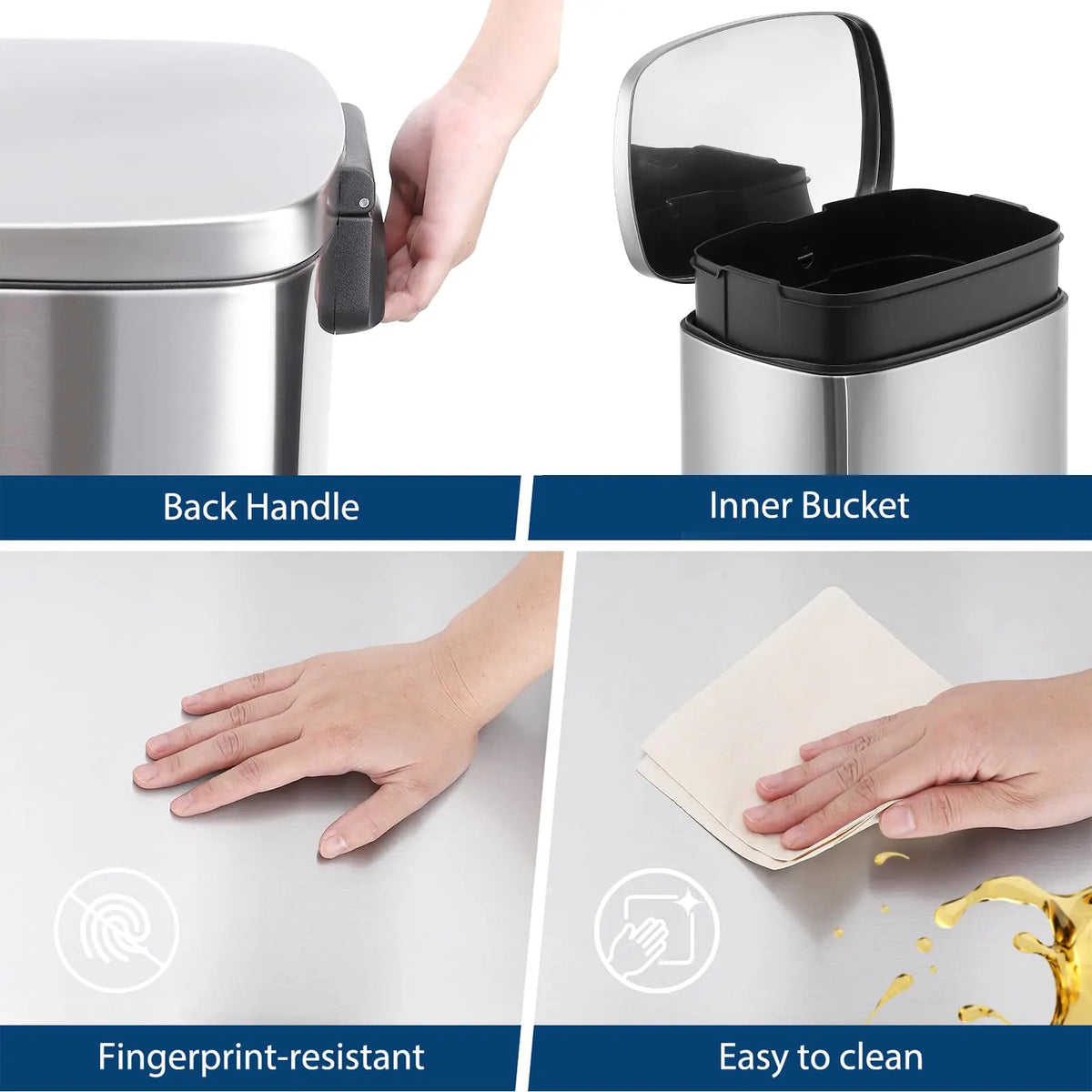 Large Capacity Stainless Steel Kitchen Trash Can 13 Gallon - Soft Close Step Pedal - Removable Inner Bucket - Fingerprint & Odor Resistant - Hands-Free Garbage Bin for Kitchen, Office, Bathroom