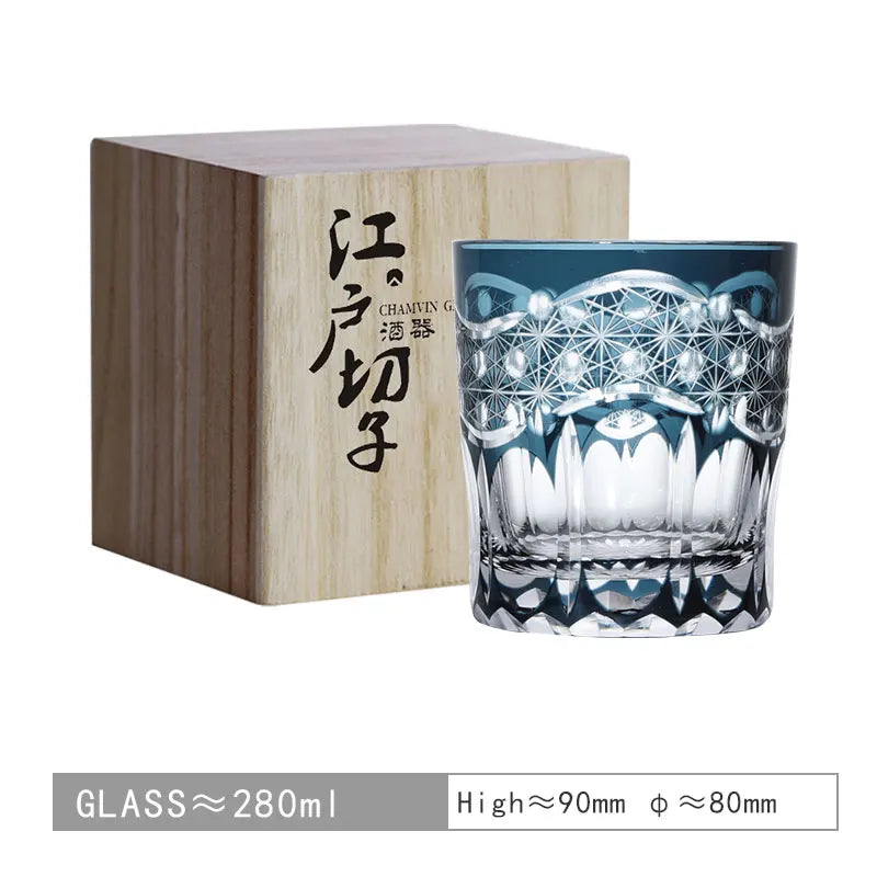 Chamvin Japanese Edo Kiriko Stellar Pulse Whiskey Glass , Hand Carved, Wooden Box Gift, Thick Bottom Wine Glass