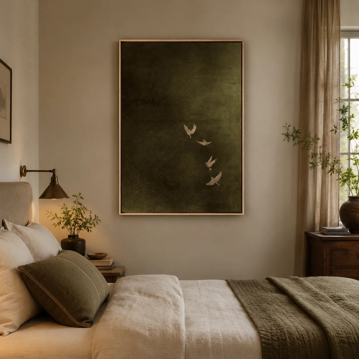 Olive Green Bird Canvas Art, Dark Moody Framed Art,Minimalist Japandi Living Room Decor Canvas Wall Print for Bedroom