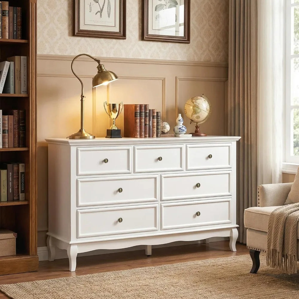 53" Wide White Modern Dresser,7 Drawers,Solid Wood Legs For Bedroom, Custom