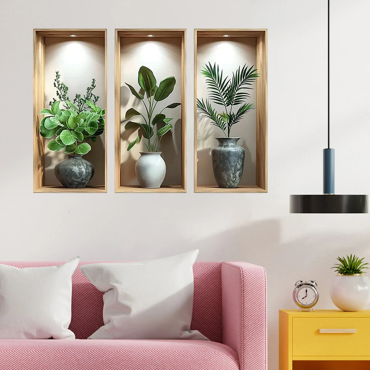 Tropical Jungle Theme Wall Decal Set with 3D Potted Plants Green Palm Leaves and Devil s Ivy for Home or Office Decor