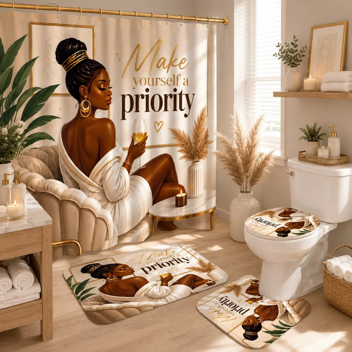 2D Flat, 2D Flat 4pcs Elegant Shower Curtain Set, Beige Golden Black Woman Inspirational Quote Design Bathroom Decor, Additions with U-Shaped, Toilet Lid Cover, Shower Curtain Includes Hooks, Inspirational Self Love Art, Home