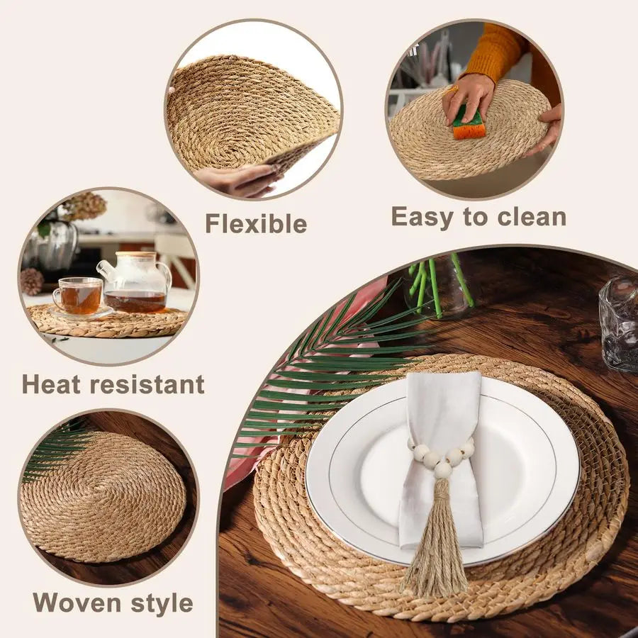 Woven Placemats Set of 10 with Wooden Napkin Rings, Round Charger Plates, Natural Rattan Dinner Place Mats for Dining Table Dec