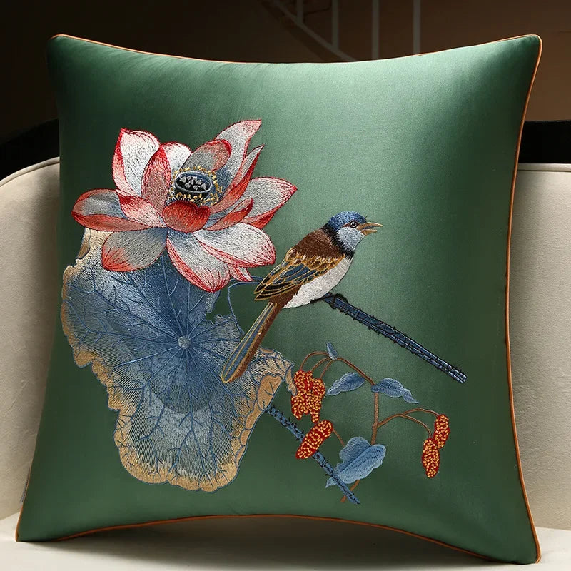 New Chinese Style Embroidered Bird Cushion Cover Living Room Sofa Waist Pillow Luxurious Classical Bed Head Silk Pillowcase