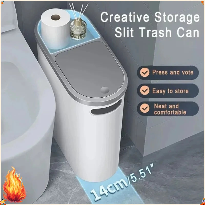 Press Type Trash Can With Lid Narrow Large Capacity Household Waste Bin For Bathroom Kitchen Bedroom Storage Garbage Container