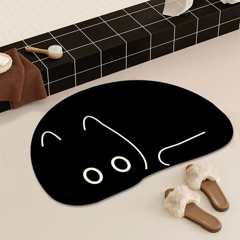 Black Cat Quick-Drying Bath Mats Cute Absorbent Floor Mats for Bathroom Bathtub with Non-slip Rubber Bottom Small Size Foot Pads