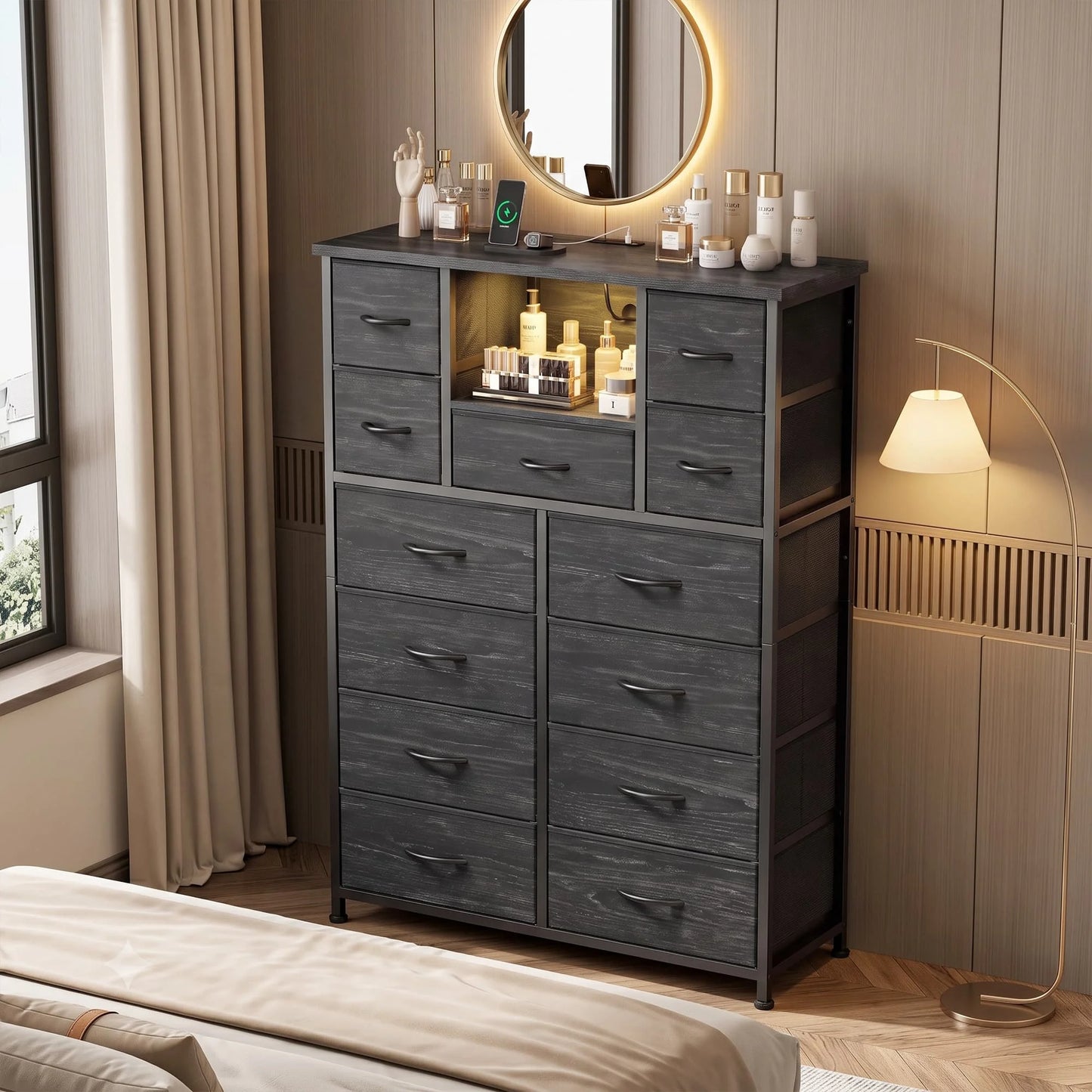 EnHomee 47" Fabric Dresser with LED Accent Lights & Built‑In Charging Hub – 13 Drawers + Open Shelves – Versatile Organizer for Bedroom, Entryway, and Hallway Use