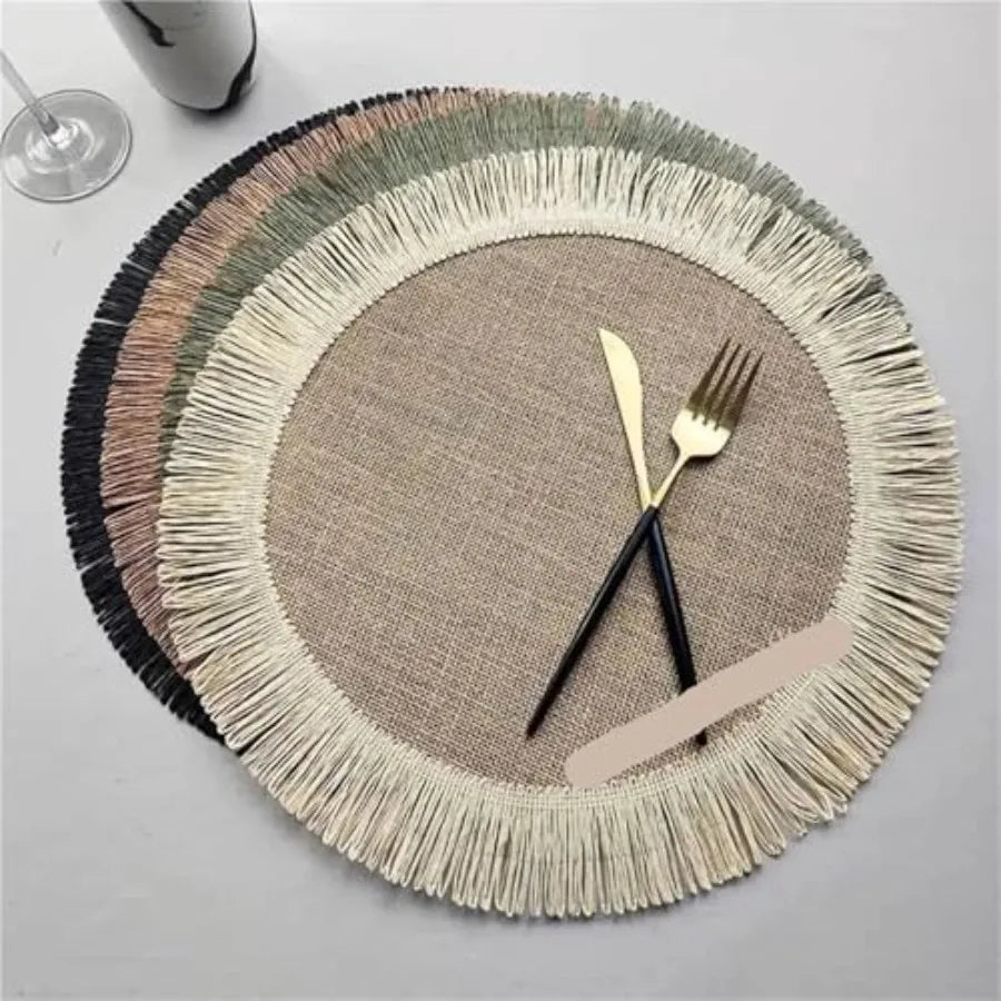 6pcs Round Braided Placemats Fringe Paper Table Mats Hand Woven Non-Slip Insulation Place Mats Tea Cup Pad Dining Table Decorat