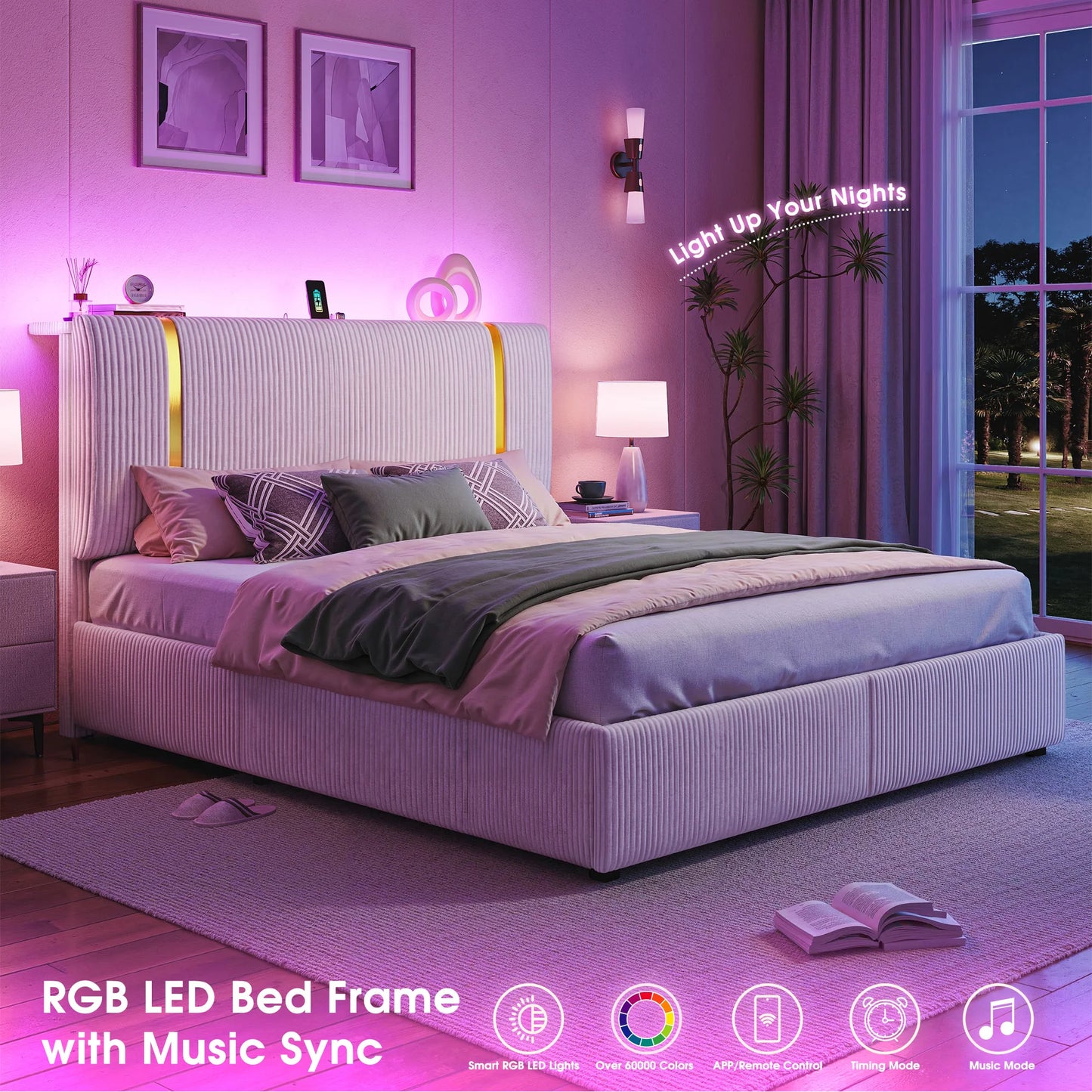 EnHomee Bed Frame with 6 Storage Drawers, Soft Upholstered Bed Frame with LED Light & Charging Station, Adjustable Tall Corduroy Headboard