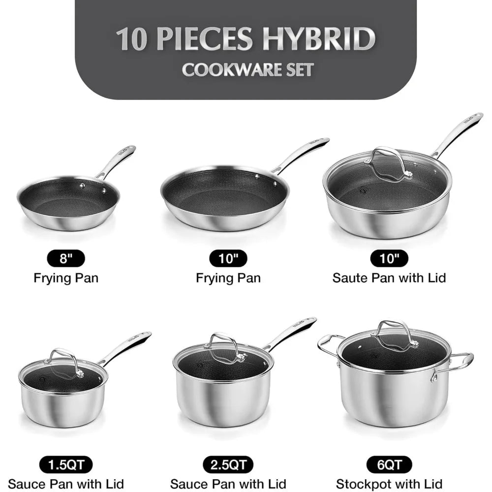 US Shipping Triply Stainless Steel Cookware Set 10 Piece Nonstick Hybrid Pots and Pans Set with Honeycomb Interior 18/10
