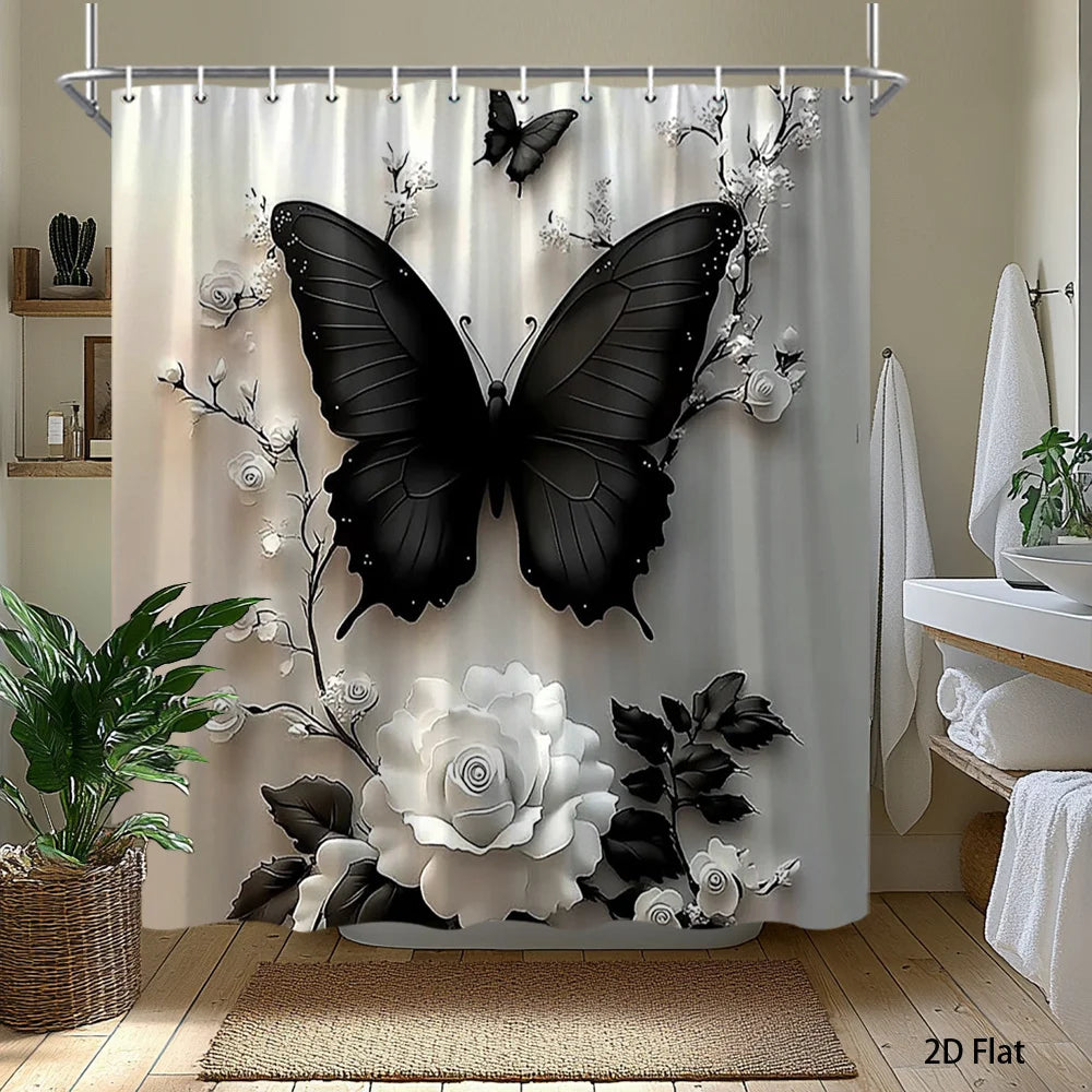2D Flat Butterfly Floral Shower Curtain Rose Bathroom Decor Polyester with Hook