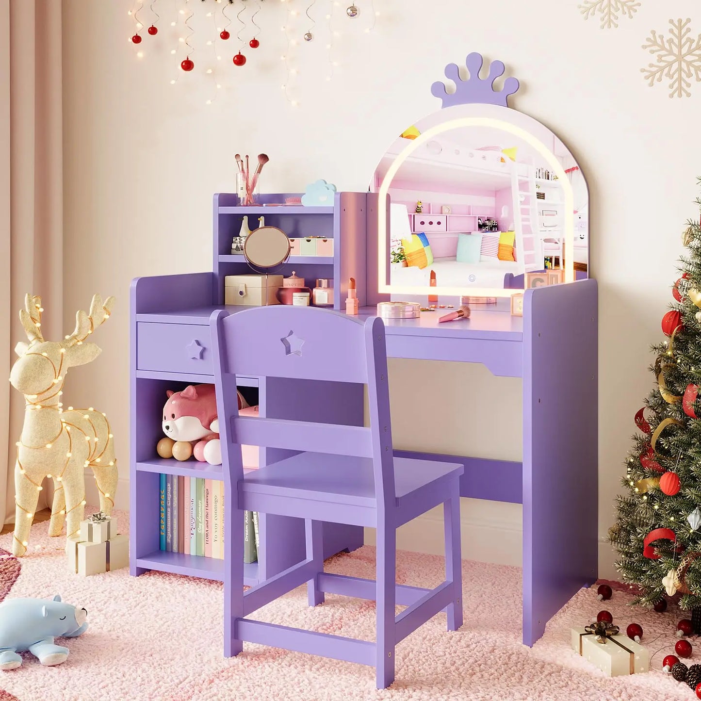 LED Crown Mirror Kids Vanity Table & Chair Set - Storage Cabinet, Open Bookshelf, Drawer, 2-in-1 Princess Makeup Desk, Easy Assembly, Bedroom or Playroom Furniture