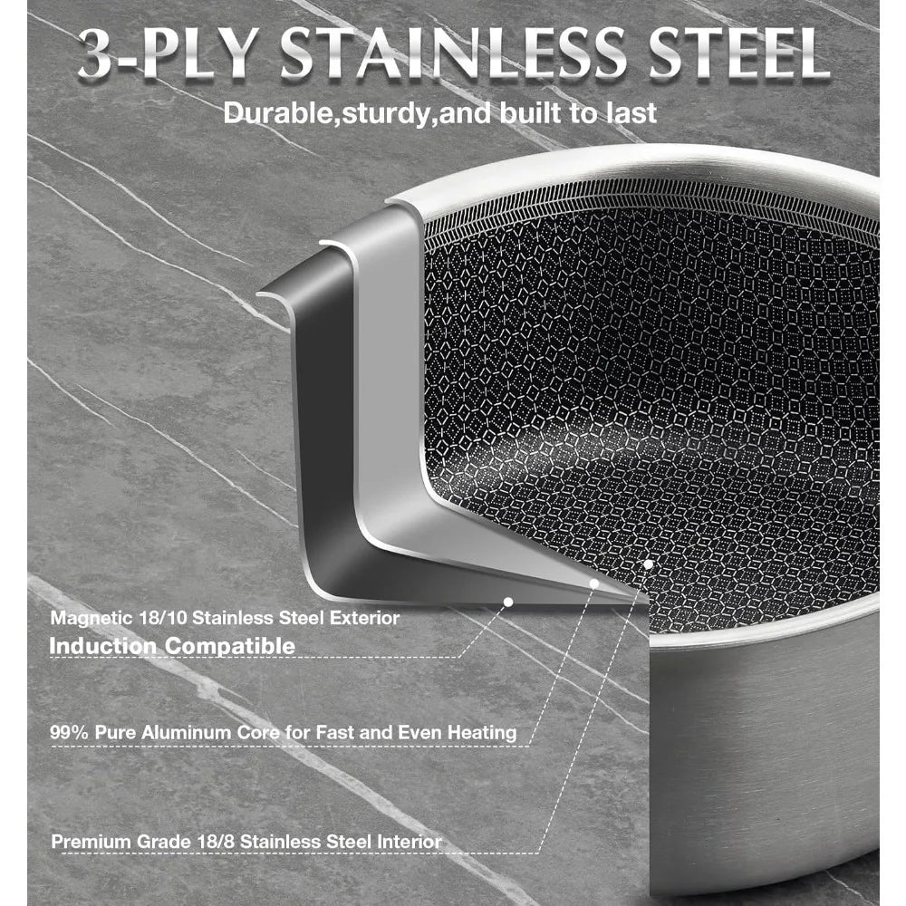 US Shipping Triply Stainless Steel Cookware Set 10 Piece Nonstick Hybrid Pots and Pans Set with Honeycomb Interior 18/10