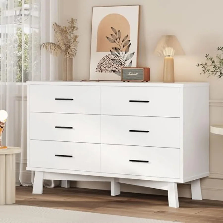Dresser for Bedroom, 6 Drawer Wide Modern Chest of Drawers with X-Shaped Sturdy Base, Wood Double Dresser Closet Clothes Storag