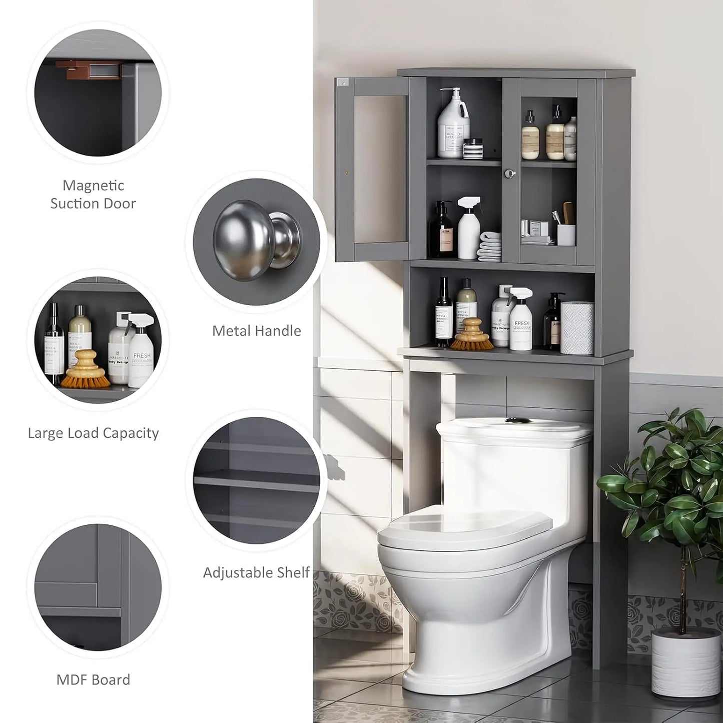 Over The Toilet Storage Cabinet, Bathroom Storage Cabinet Over Toilet, Space Saver with 2 Tempered Glass Doors, Grey, Customized