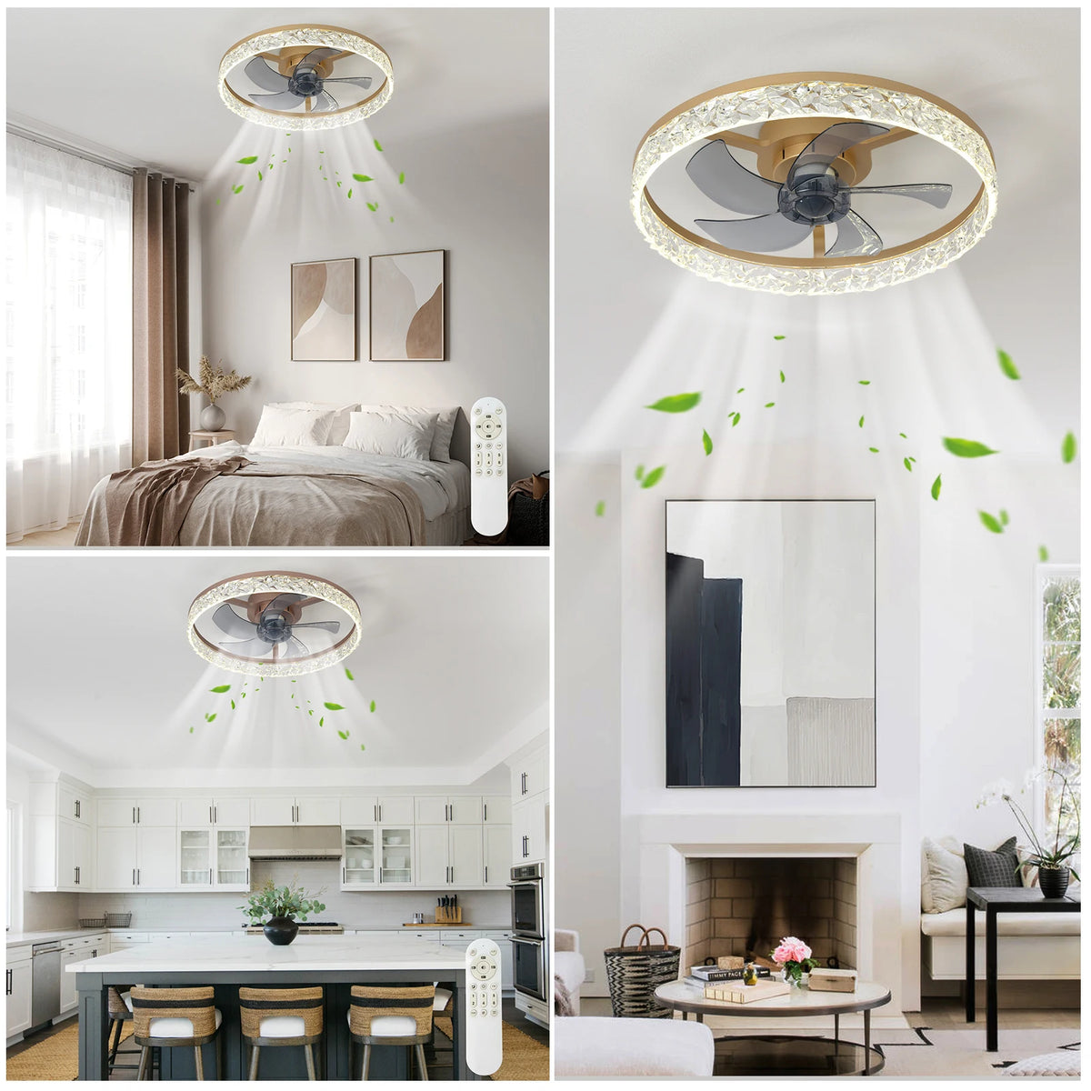 Ceiling Fans With Lights And Remote: 19.7" Modern Low Profile Flush Mount LED Ceiling Fan For Bedroom Crystal Bladeless Fandelier For Living Room Kitchen Dimmable DC Motor