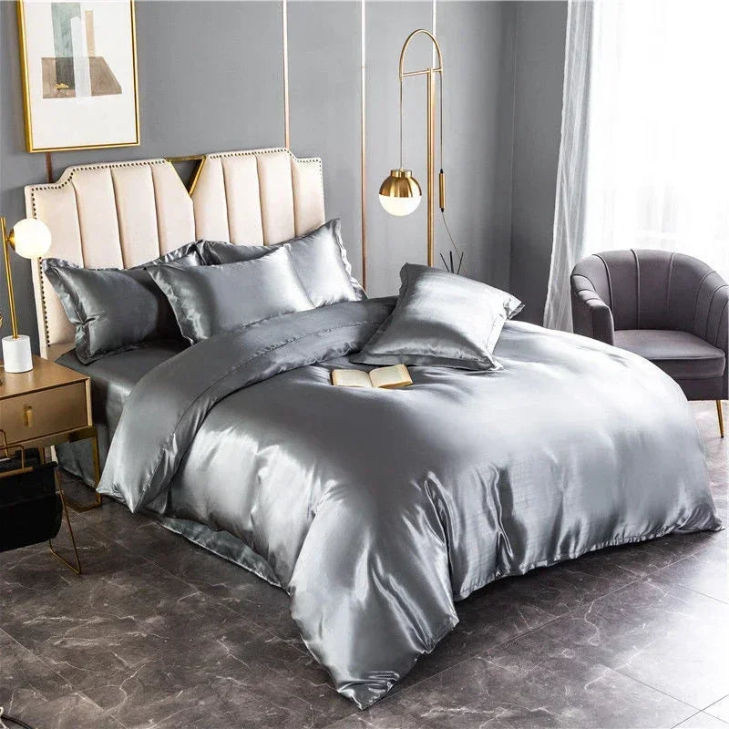 Mulberry 100% Silk Bedding Sets Skin Friendly Ice Silk Bed Sets Quilt Cover with Bed Sheet Pillowcase King Queen Full Twin Size