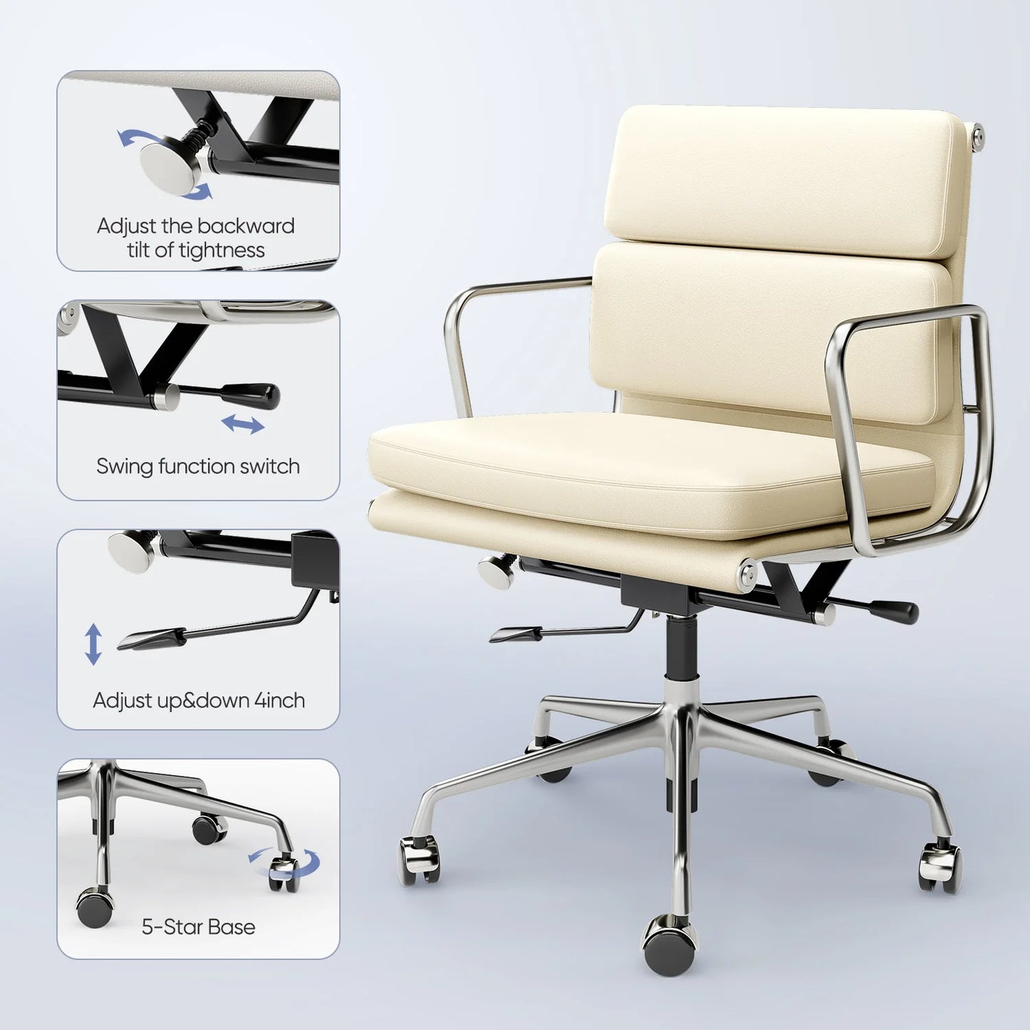 Mid Back White Soft Pad Office Chair Genuine Leather Executive Desk with Lumbar Support Ergonomic Computer Chair