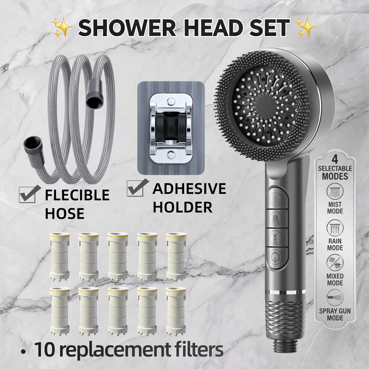 High Pressure Filter Shower Head 4 Spray Modes Massage Silicone Brush Water Stop Button Hose Wall Bracket 10/15/20 Filters