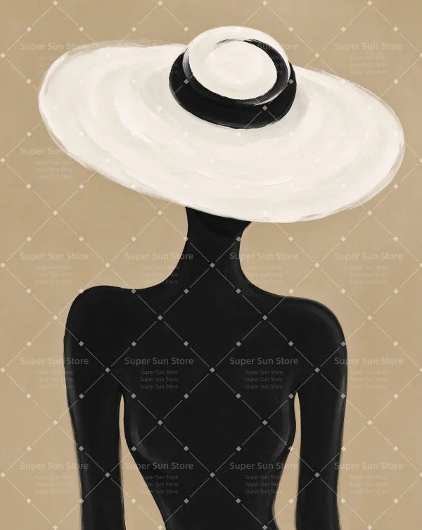 Minimalist Black Silhouette Woman With White Wide Brim Hat Canvas Wall Art Neutral Beige Boho Abstract Female Portrait Print