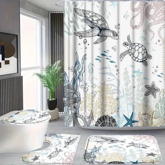 4 Pcs/Set Sea Turtle & Coral Shower Curtain Bathroom Set, Coastal Nautical Print Waterproof Mildew Resistant Fabric, Family Bathroom Decor, Minimalist Ocean Style Bath Mat Set, Fits Apartment, Guest Bathroom, Home Use, Includ