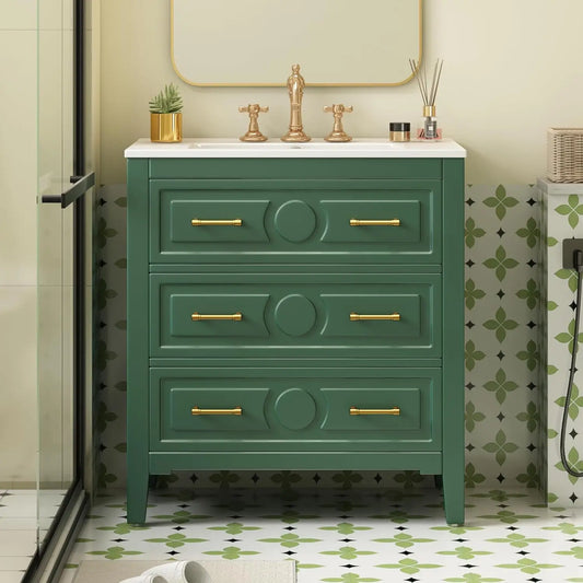 30in Solid Wood Bathroom Vanity Ceramic Sink Storage Cabinet Tip-Out & 2 Full-Extension Drawers Bath Powder Room Customized
