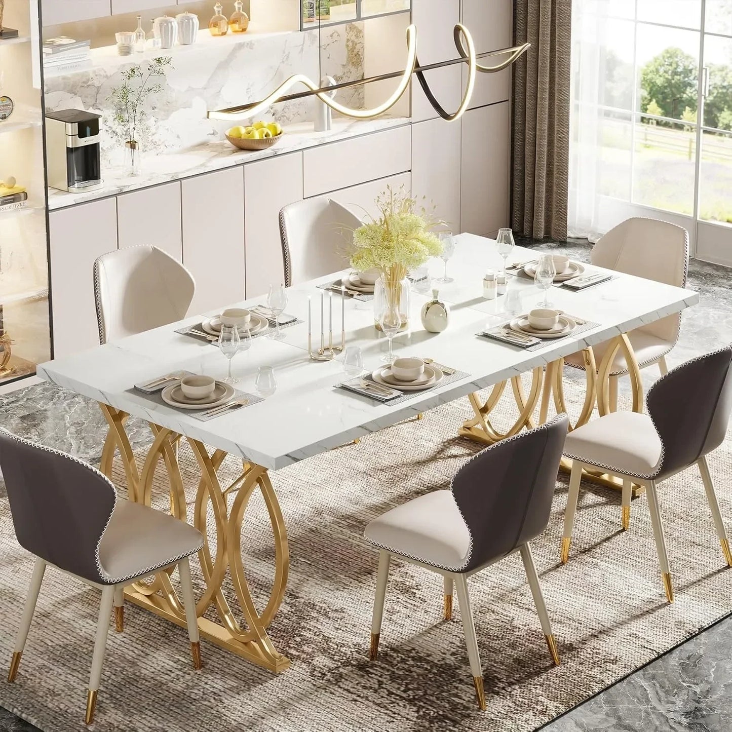 Modern Dining Table, 63" Large Kitchen Table for 4-6 People, Unique Rectangular Dinner Table Kitchen & Dining Room Furniture