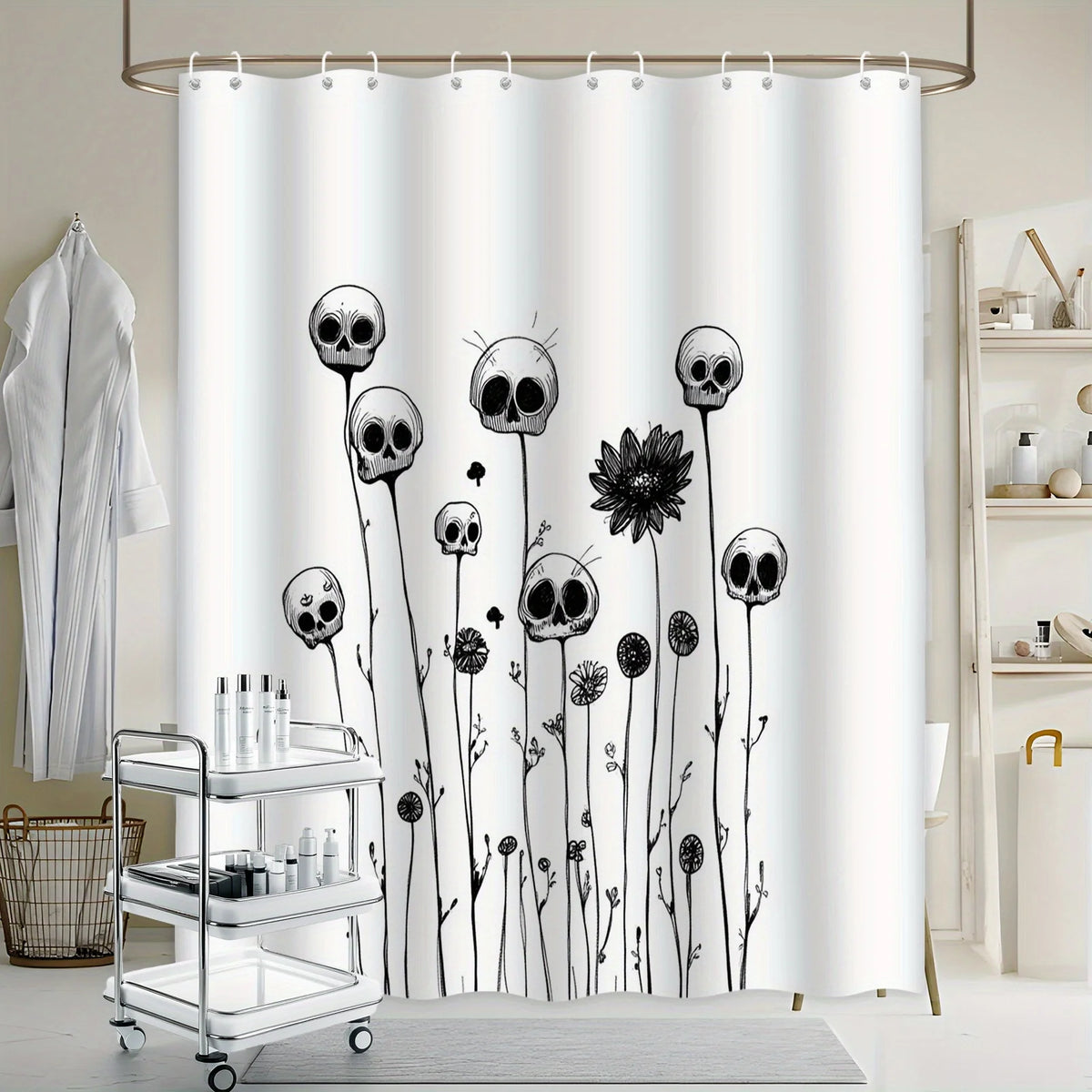 1pc Skull Floral Shower Curtain - Black & White Digital Art with Textured Petals, Horror Whimsical Surreal Nature Design, Machine Washable