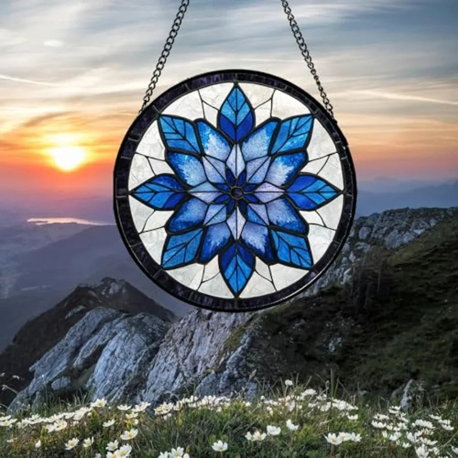 Stained Glass Window Hanging - Blue Snowflake Flowers Suncatcher for Doors Garden Patio Boho Sun Catchers Decor