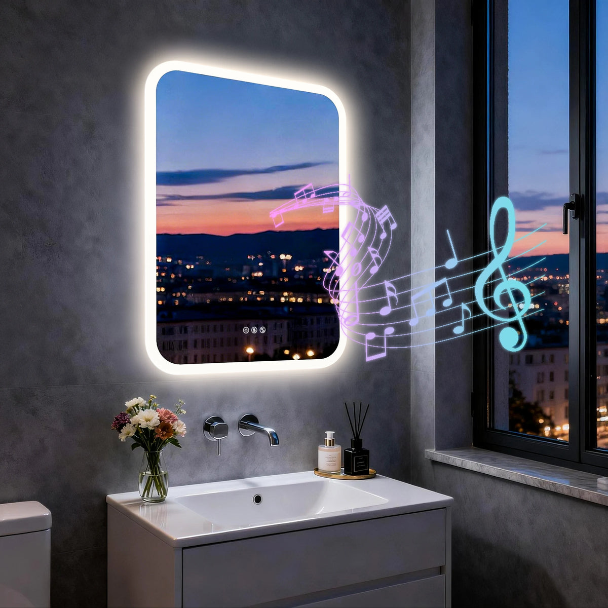 Smart LED Bathroom Mirror with Bluetooth Speakers Rectangle Illuminated Vanity Mirror Dimmable 3 Colors Anti Fog Touch Control Wall Mount