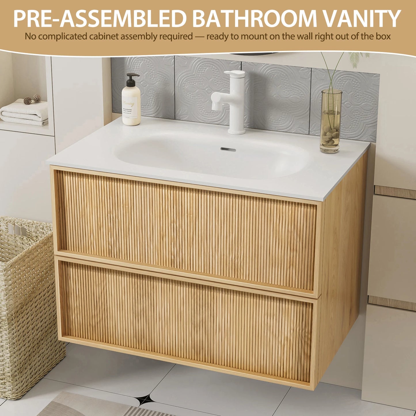 40-Inch Floating Bathroom Vanity with Sink, Natural Oak Fluted Front, Multi-Layer Solid Wood, Wall-Mounted, White Stone Top