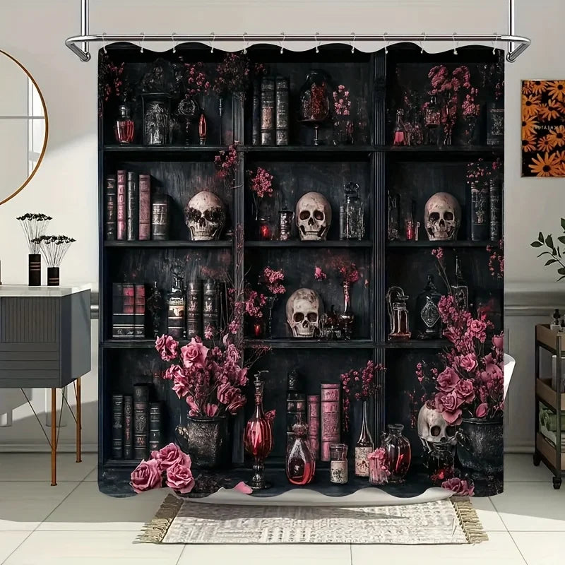 1pc Skeleton, Book, Pink Rose, And Mystery Object Pattern Print Design Shower Curtain, Gothic Style Bookcase Shower Curtain