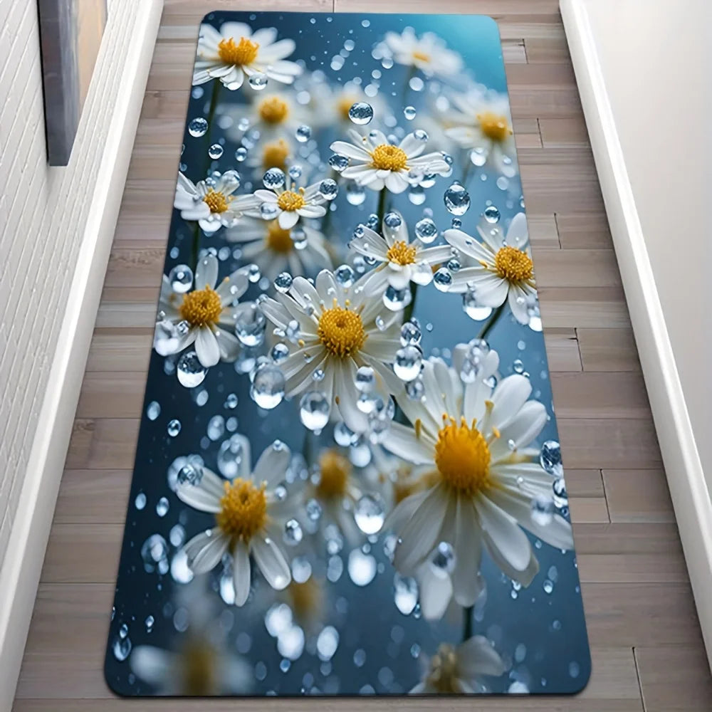 3D Daisy Flower Kitchen Runner Rug, Realistic White Chamomile with Water Droplets Non-Slip Absorbent Floor Mat for Entryway