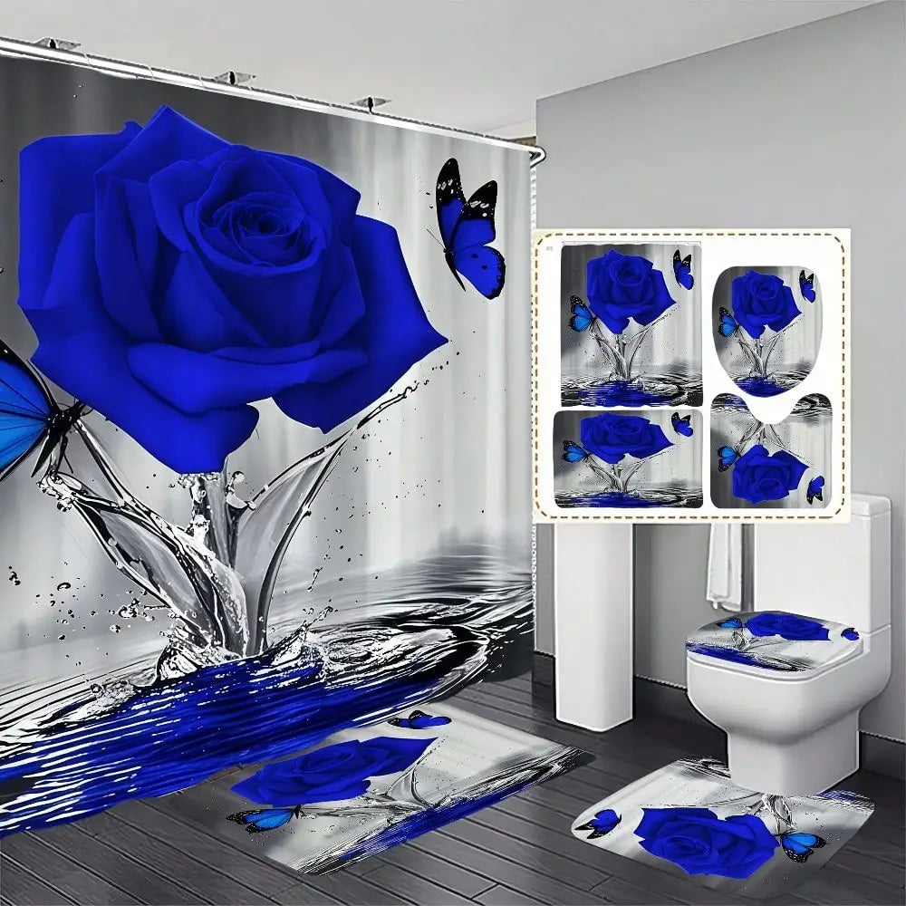1/4pcs Water Blue Rose Butterfly Pattern Shower Curtain Set, Shower Curtain With 12 Hooks, Non-slip Bathroom Carpet