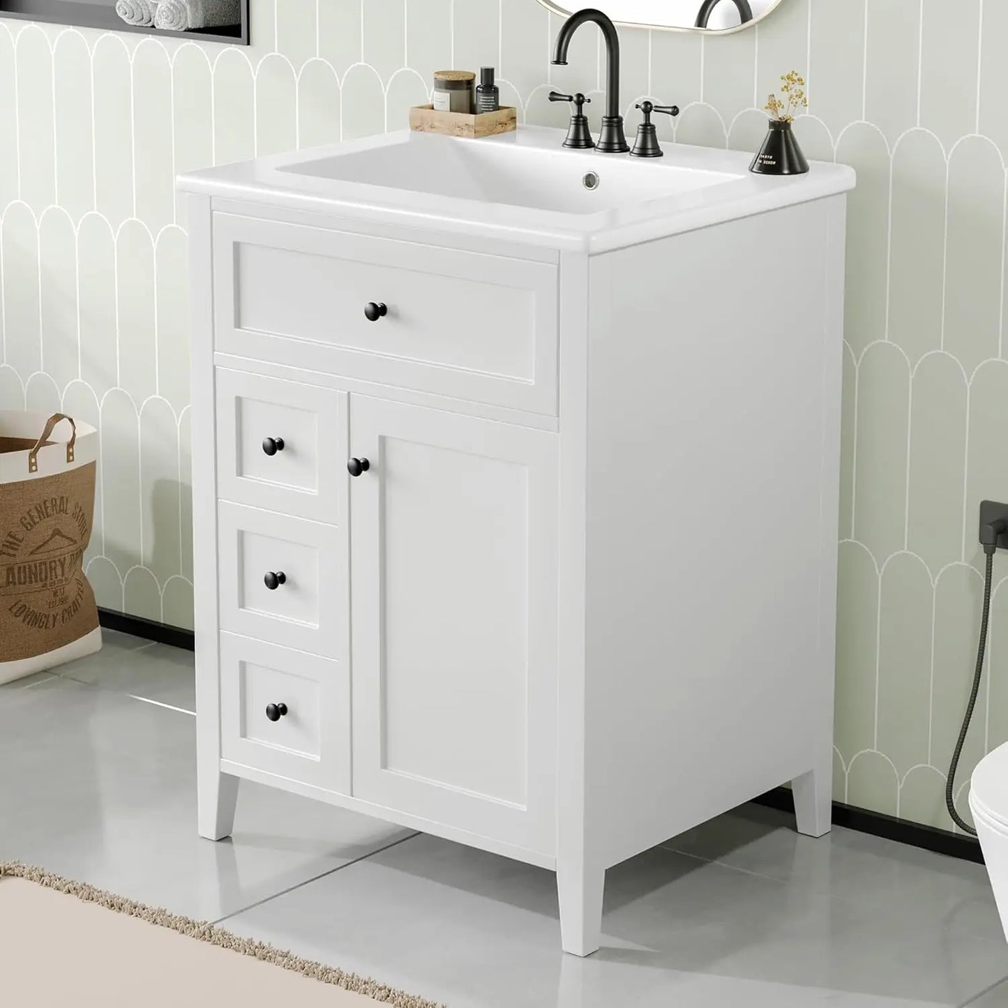 24" Solid Wood Bathroom Vanity with Sink, 3 Drawers & Tip-Out, Adjustable Shelves, Soft Close Organizer, White, Customized