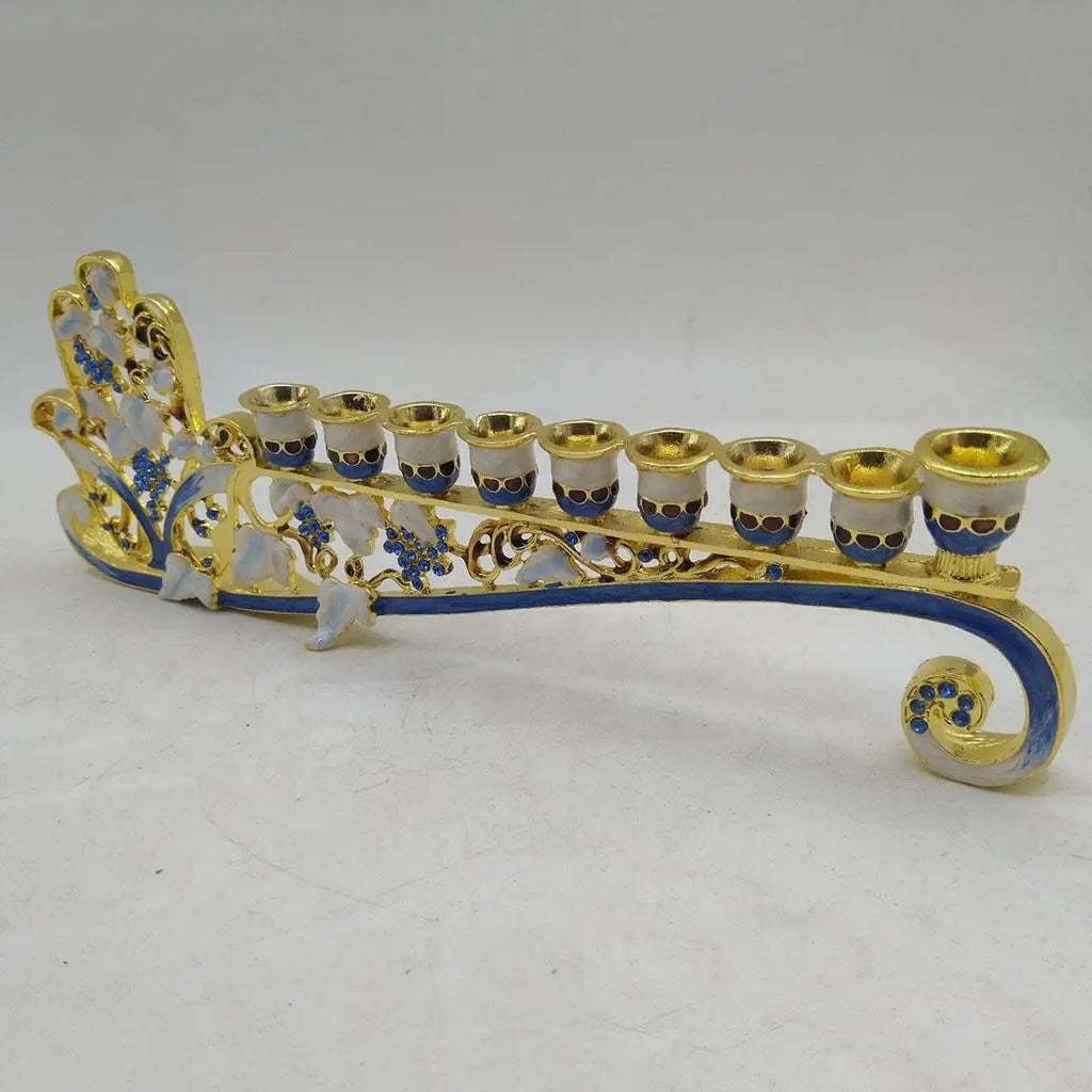 Gold Hanukkah Hand Painted Menorah Candelabra Religions Bejeweled Candle Holder Party Ornament Gift for 9 Branches Candle Holder