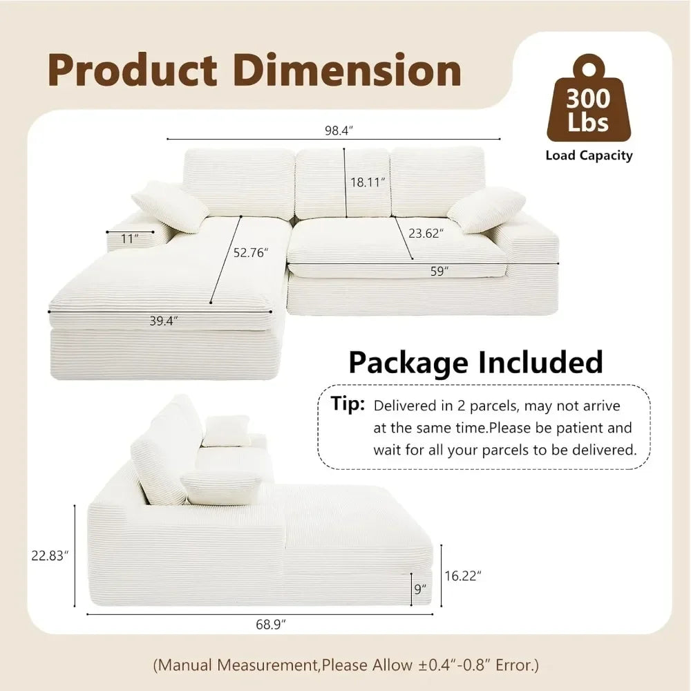 Cloud Modular Sectional Couch 98.4' with Chaise L-Shaped Modern Deep Seat Corduroy Upholstered Sofa for Living Customized