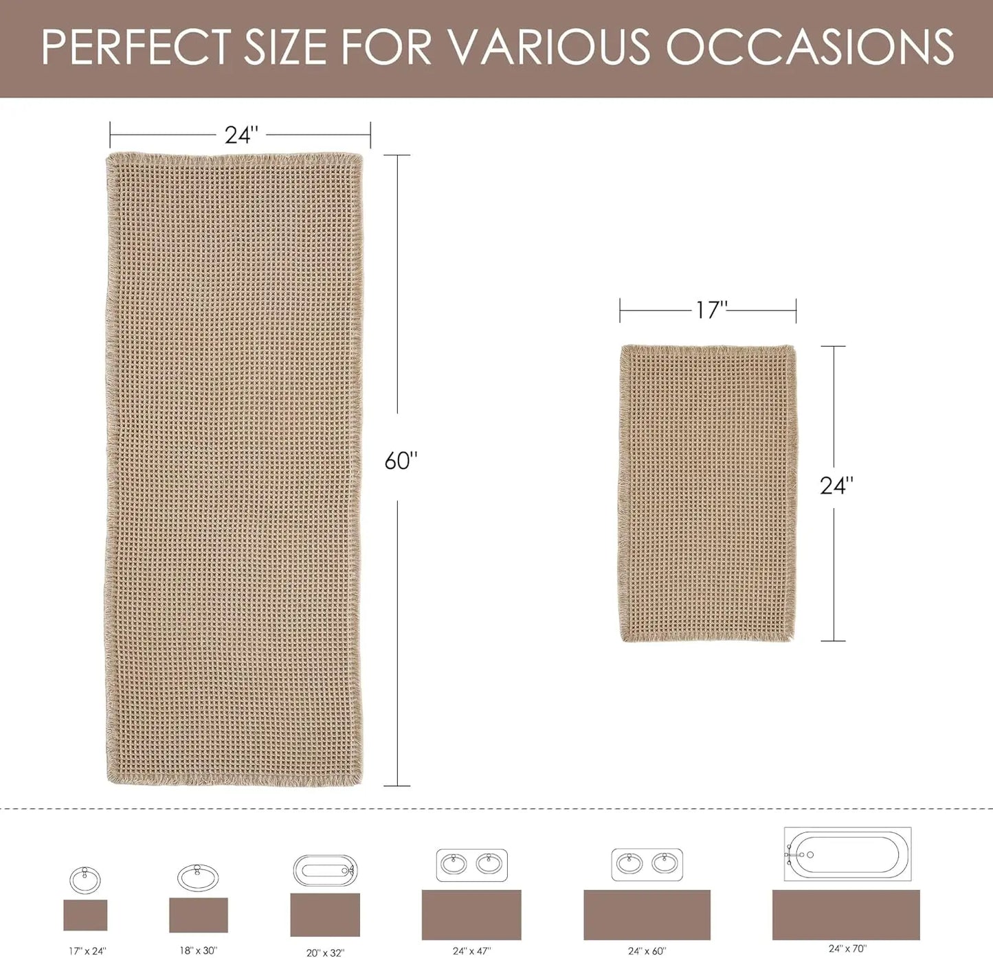 Non Slip Waffle Brown Bathroom Rugs, Super Absorbent Quick Dry Soft Washable Small Bath Mat with Tassels for Bathroom Floor