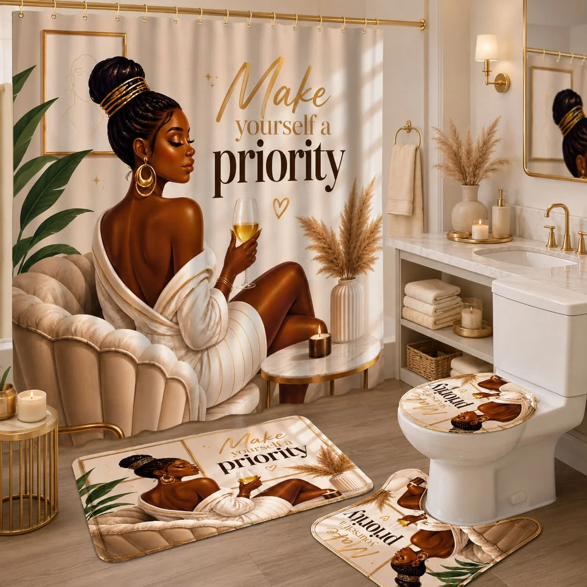 2D Flat, 2D Flat 4pcs Elegant Shower Curtain Set, Beige Golden Black Woman Inspirational Quote Design Bathroom Decor, Additions with U-Shaped, Toilet Lid Cover, Shower Curtain Includes Hooks, Inspirational Self Love Art, Home